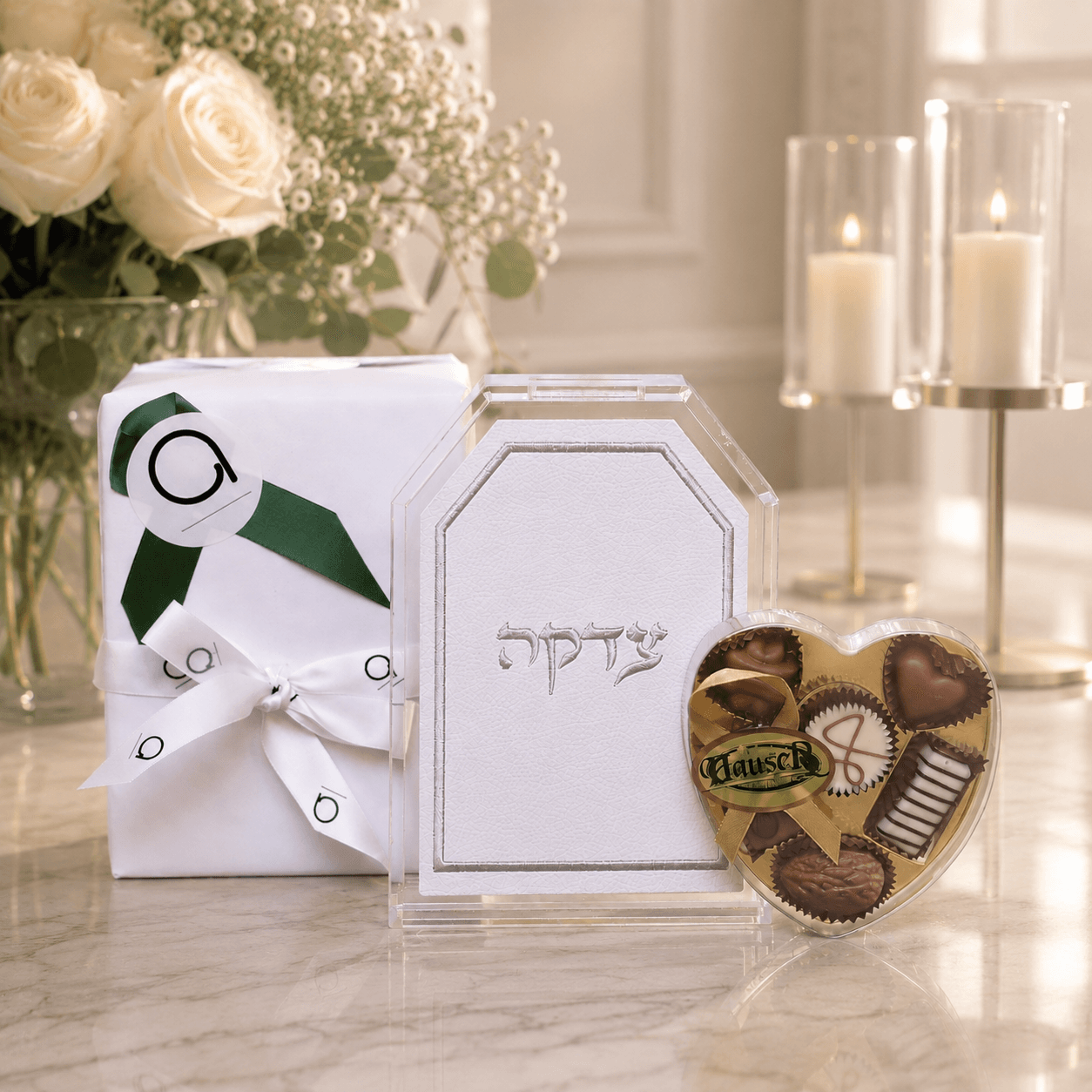 Elegant Tzedakah Box with Praline Chocolates
