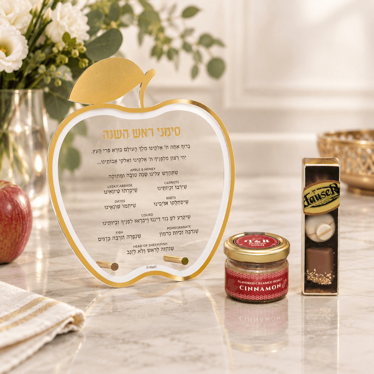 Rosh Hashanah Gift Package | Apple Simonim Card, Flavored Honey and Praline Chocolates