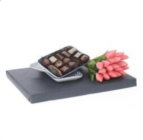 Set of 3 ceramic plates, Belgian chocolates, and bouquet of fake tulips