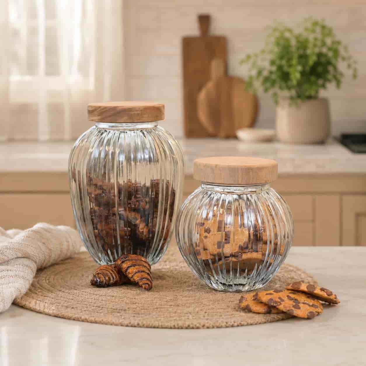 2 Ribbed Glass Cookie Jars Filled with Rugelach & Chocolate Chip Cookies