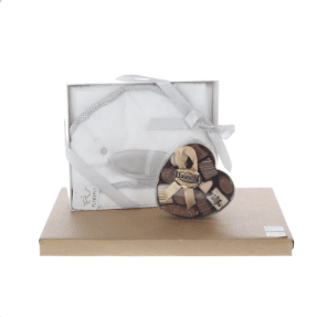 Cuddly white terry hooded towel (duck) with gray trim and heart-shaped box of dairy Belgian pralines