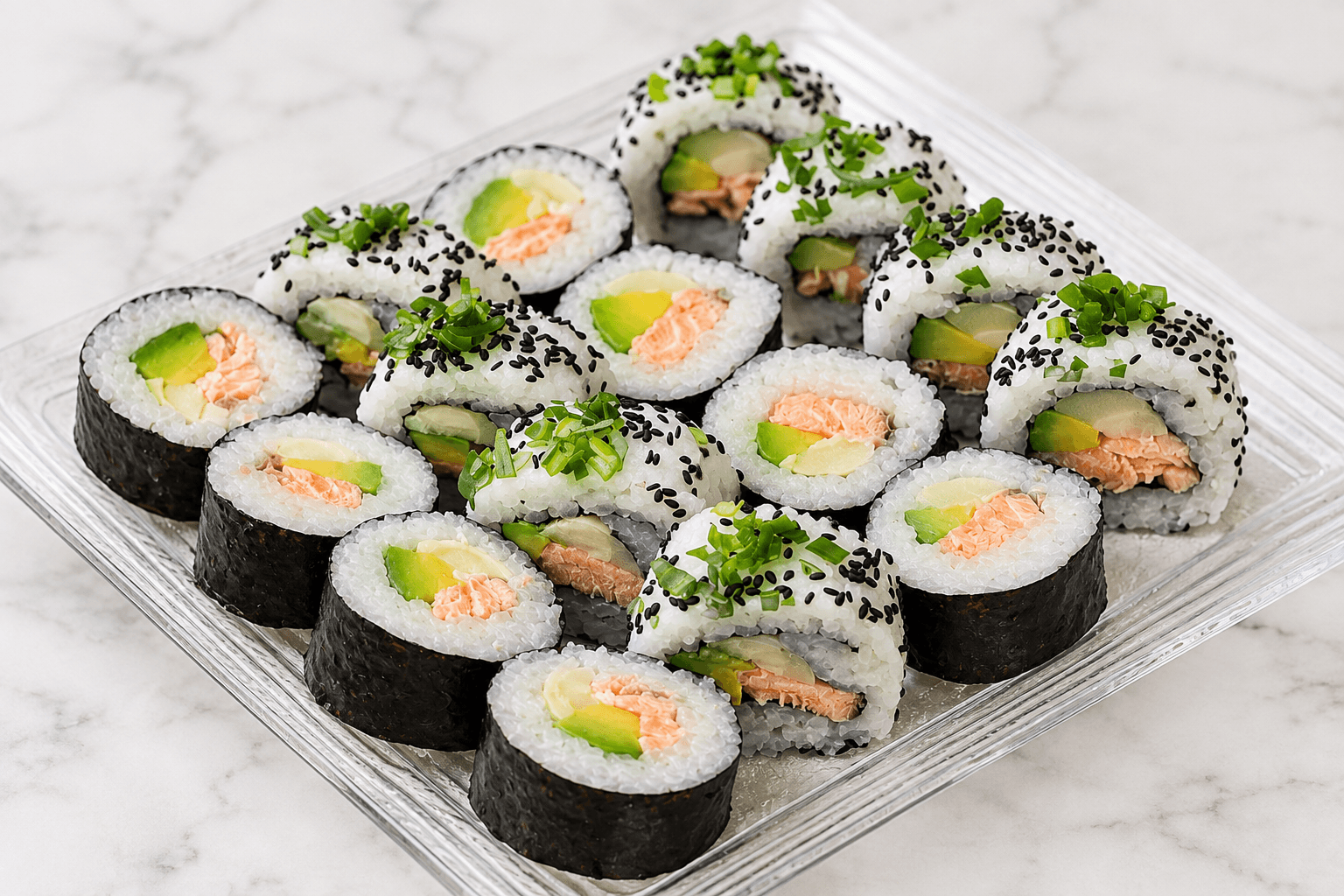 Signature Salmon & Avocado Sushi Rolls – 16 Assorted Pieces