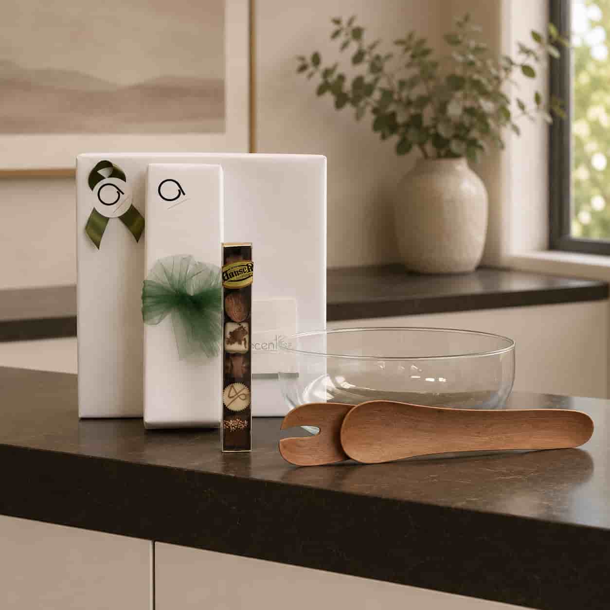 Gift Package | Urban Nature Glass Bowl with Wooden Salad Servers and Praline Chocolates