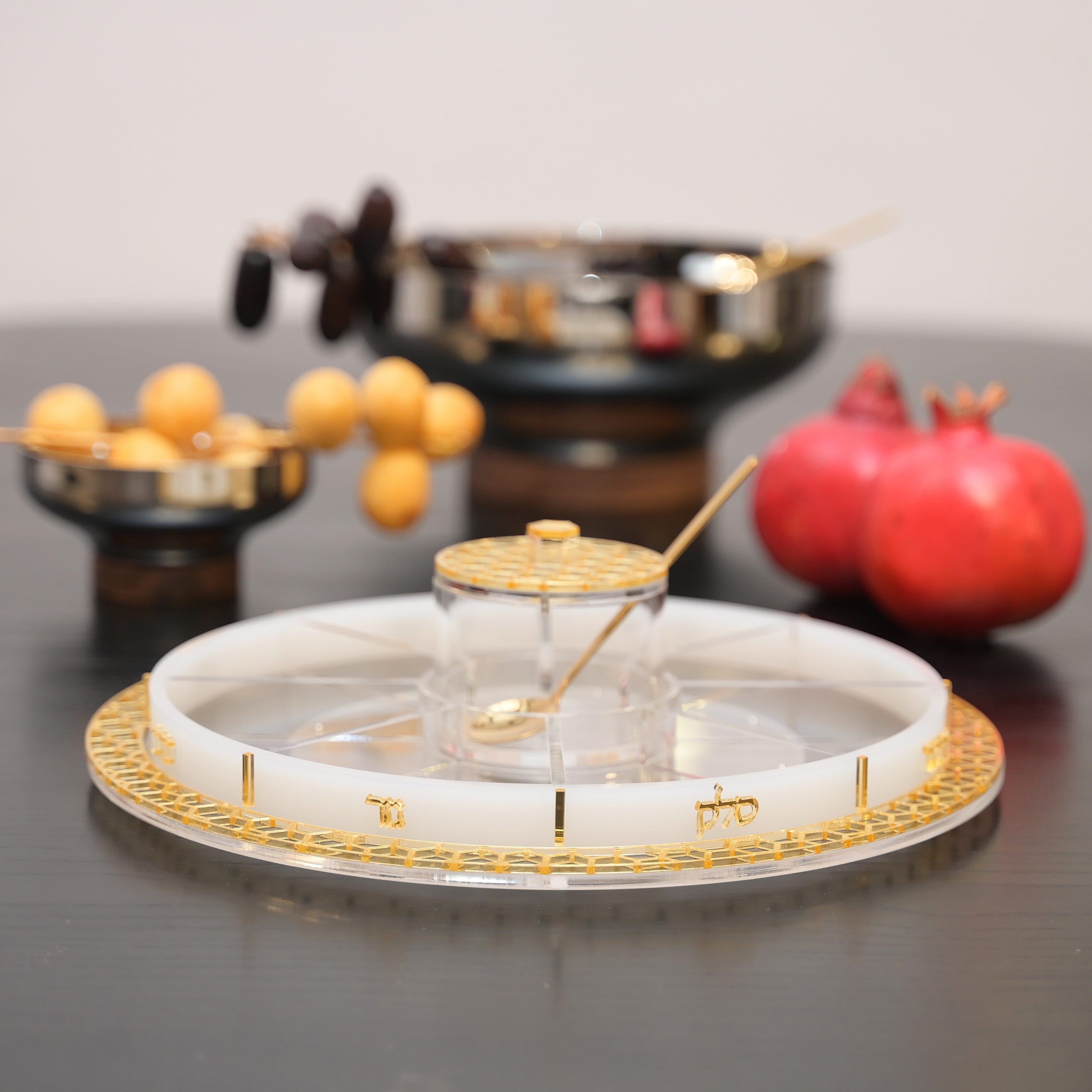 Gold Honeycomb Simonim Tray with Honey Dish & Spoon