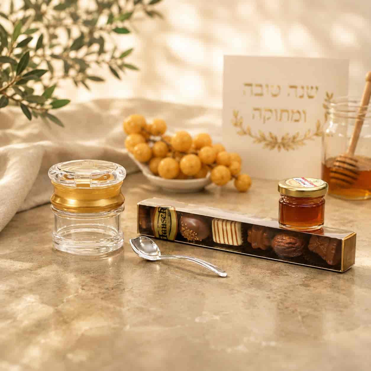 Rosh Hashanah Gift Package | Acrylic Honey Dish with Praline Chocolates and Honey